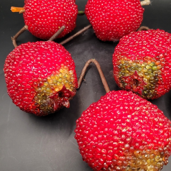 Vintage Red Apple Pomegranate Sugar Beaded Fruit Decor Wire Stems Wreath Making - Picture 3 of 5